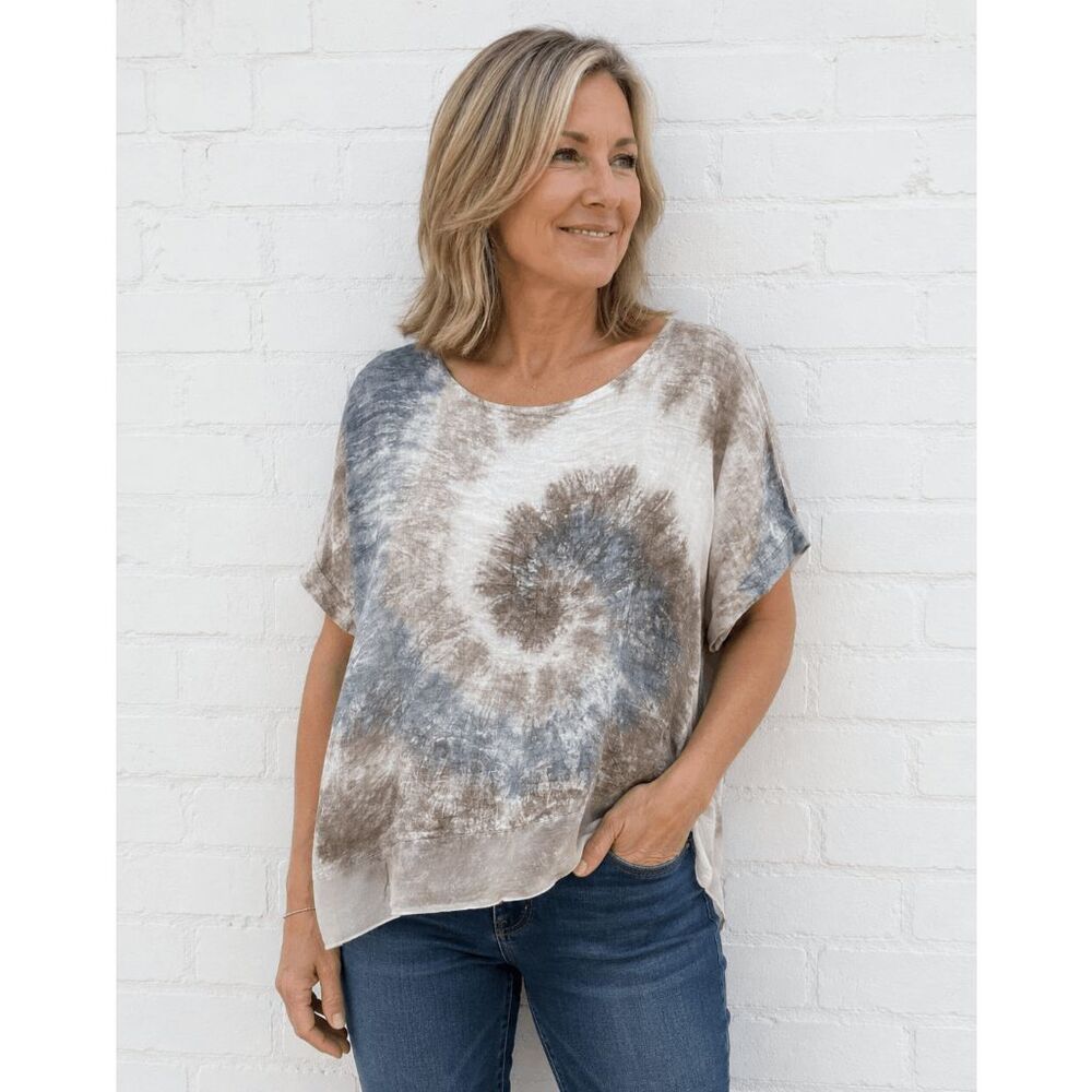 Valentina Naldi Women’s Size Medium 100% Linen Multi Tie Dye Short Sleeve Shirt